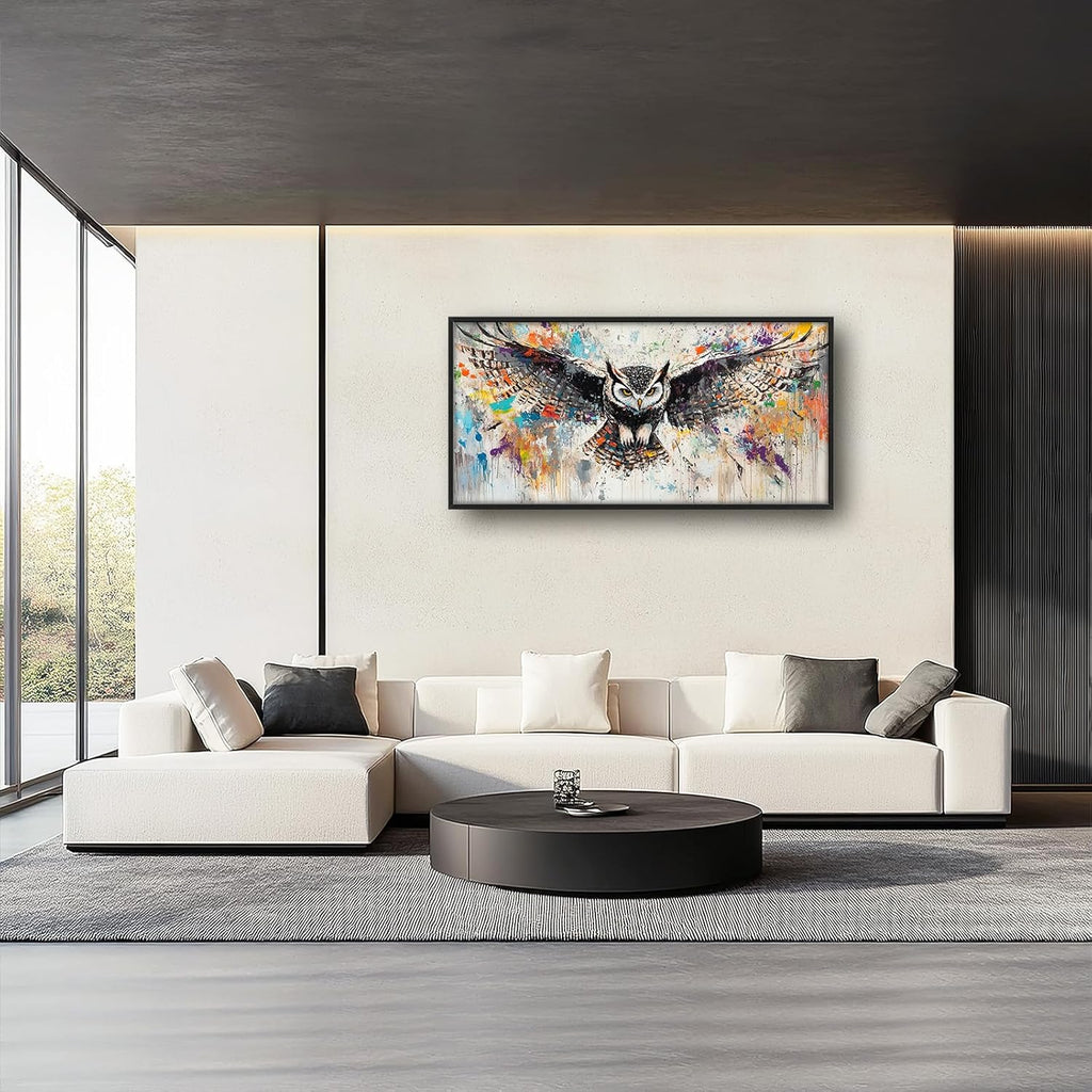 Large Owl Wall Art for Living Room, Framed Oversized Banksy Owl Wall Decor Colorful Wildlife Canvas Painting Animal Pictures Modern Artwork for Living Room Bathroom Bedroom Office Dining Room 60"x30"