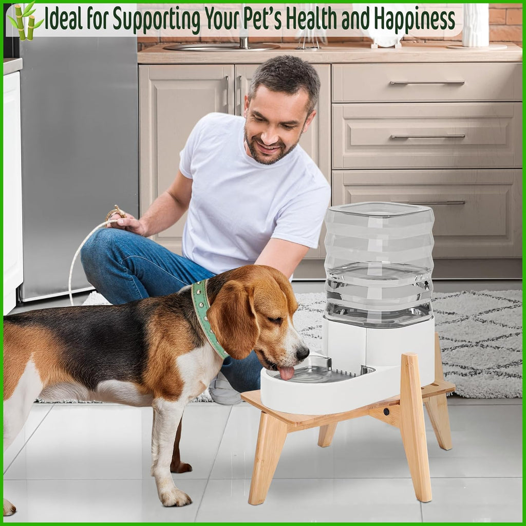 Dog Water Bowl Dispenser Stand - Compatible with Automatic and Gravity Water/Food Dispensers - Adjustable Width, Holds Various Sizes [See Photos for Measurements] - Bamboo