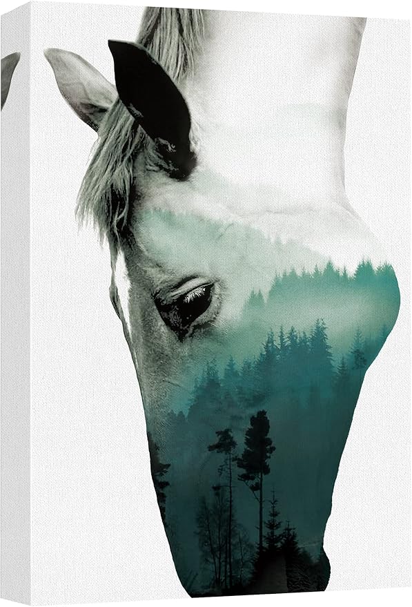 SIGNWIN Canvas Wall Art A Wild Horse and Foggy Mountain Double Exposure Photography Animals Wildlife Digital Art Modern Art Rustic Portrait Edgy for Living Room, Bedroom, Office - 32x48 inches