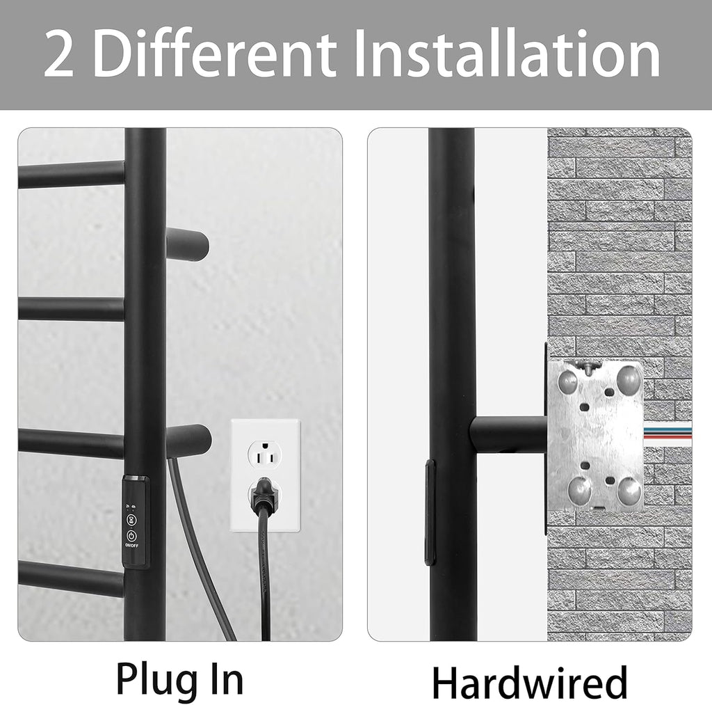KEG Towel Warmer Wall Mounted with Built-in Timer 8 Bars Electric Stainless Steel Heated Towel Racks for Bathroom, Hot Plug-in Bath Towel Heater Matte Black (TW-8-MB)