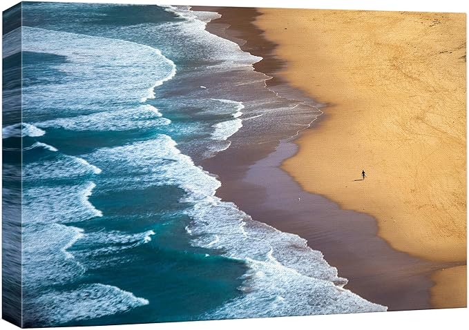 SIGNWIN Canvas Wall Art Serene Ocean Shoreline Aerial Beach View with Rolling Waves and Lone Surfer Photography Modern Art Rustic Landscape Relax/Calm for Living Room, Bedroom - 32"x48"