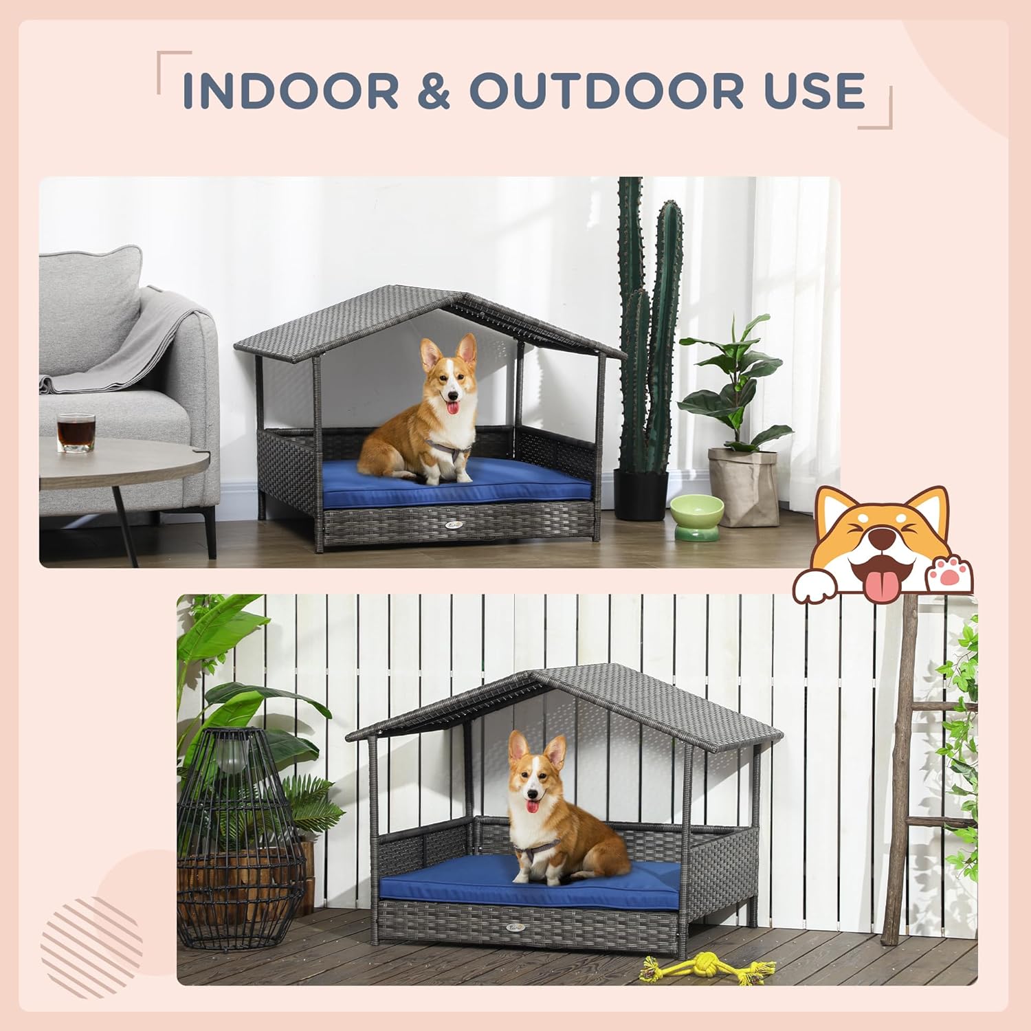 PawHut Wicker Dog House Outdoor with Canopy, Rattan Dog Bed with Water-Resistant Cushion, Raised Dog Bed for Small, Medium Dogs up to 66 lbs, 19.75" in Length, Gray Wicker, Dark Blue Cushion