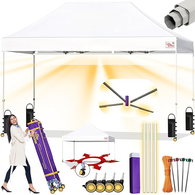 Tradesparker 10x15 Pop Up Canopy Tent,Commercial Movable Canopy with ApexCore LED & Rugged Casters-Instant Easy Setup Shelter Canopies with Weight Bags & Stakes for Oudoor Events Markets Vendors,White