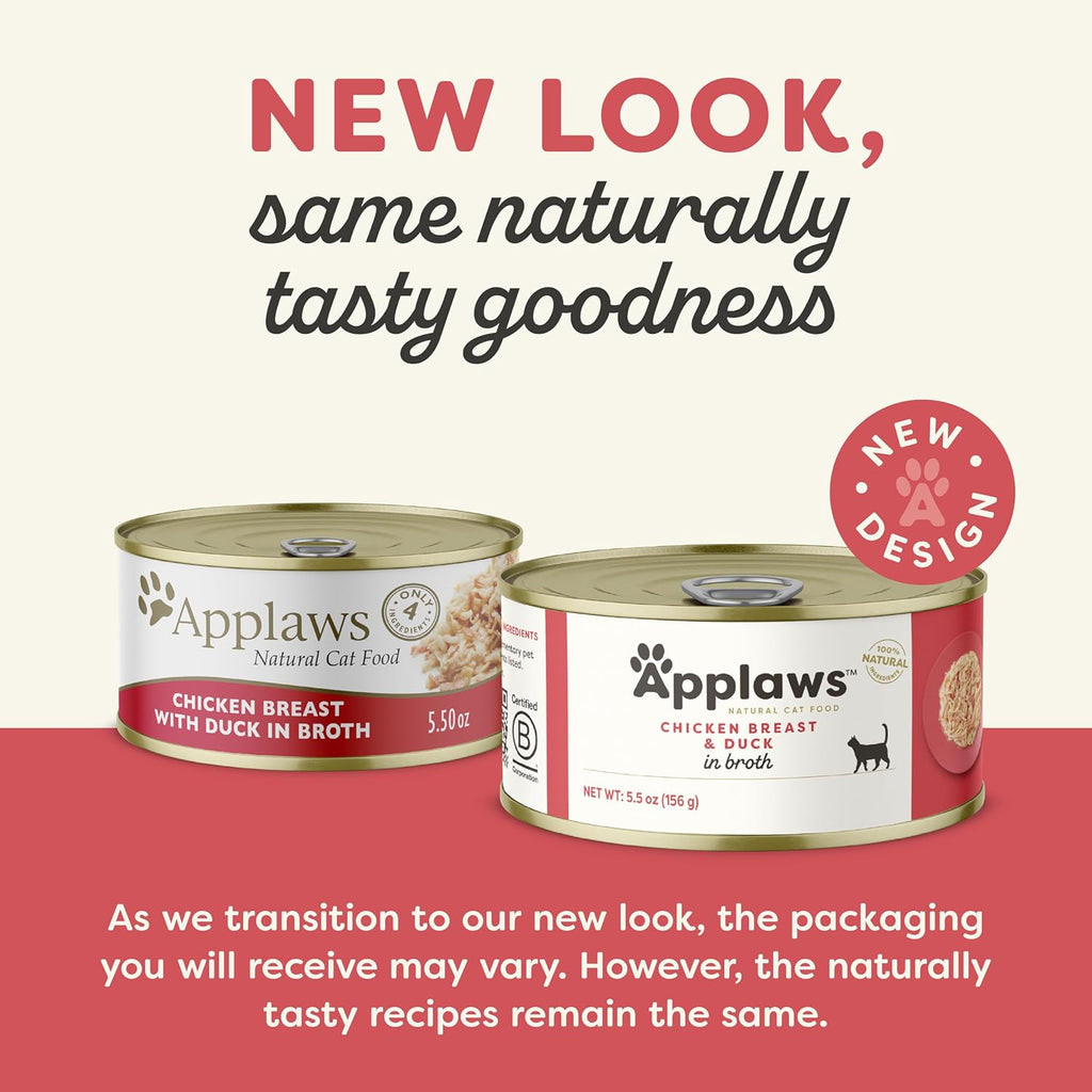 Applaws Natural Wet Cat Food in Broth, Limited Ingredient Canned Wet Cat Food, No Additives, Made with Natural Ingredients, Chicken Breast & Duck in Broth (24 x 5.5oz Cans)