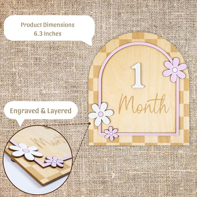 Daisy Flower Baby Monthly Milestone Cards - Wooden Monthly Milestone Double Sign - Newborn Photography Props to Document Your Baby´s Growth - Baby Announcement Sign (B10)