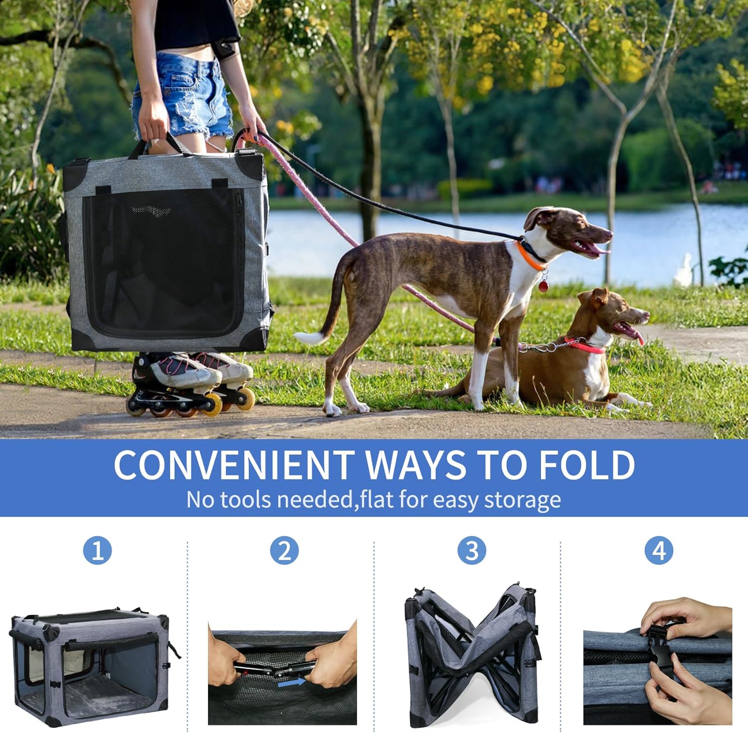 NEZUC Soft Collapsible Dog Crate - 36 Inch Portable Soft Sided Travel Dog Crates for Large Dogs, 4-Door Foldable Dog Carrier, Pet Kennel Indoor & Outdoor (Gray, 36.0" L x 22.0" W x 22.0" H)