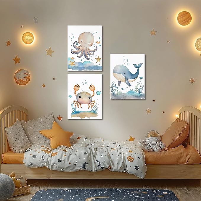 Ocean Nursery Wall Art Set of 3, Sea Animal Baby Boys Room Canvas Wall Decor Paintings, Watercolor Ocean Kids Nursery Posters Prints Pictures for Boys and Girls Room, Bedroom 12x16 Inch Framed