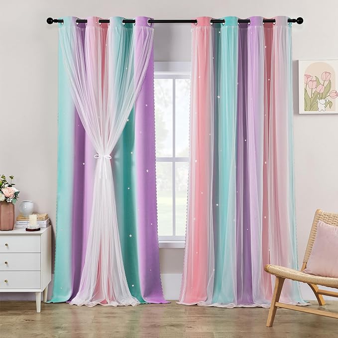 XiDi Girls Blackout Curtains 108 Inches Long for Bedroom, Room Darkening Grommet Window Ombre Curtains 2 Panel Sets, Kids Unicorn Princess Theme Decor Colorful Rainbow Design Pink Purple Green 52x108