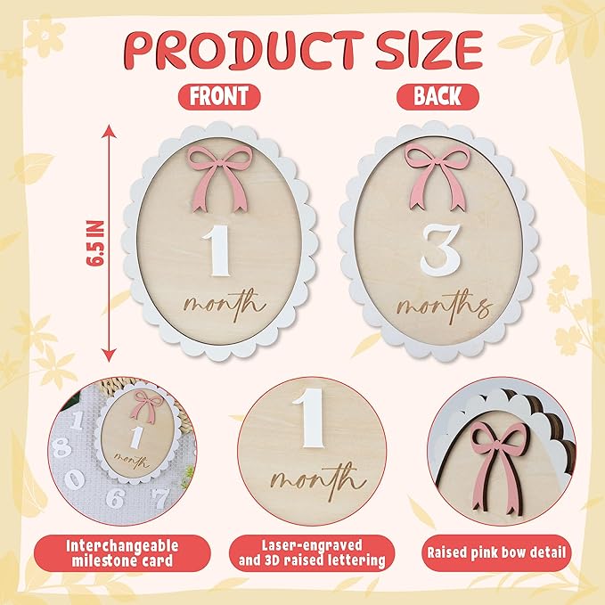 Baby Monthly Milestone Wooden Sign with Numbers and Stand – Natural Wood Milestone Board for Newborn Monthly Growth Photos – Cute 3D Flowers Photo Prop for Baby Milestone Memories (Light Pink Wooden)