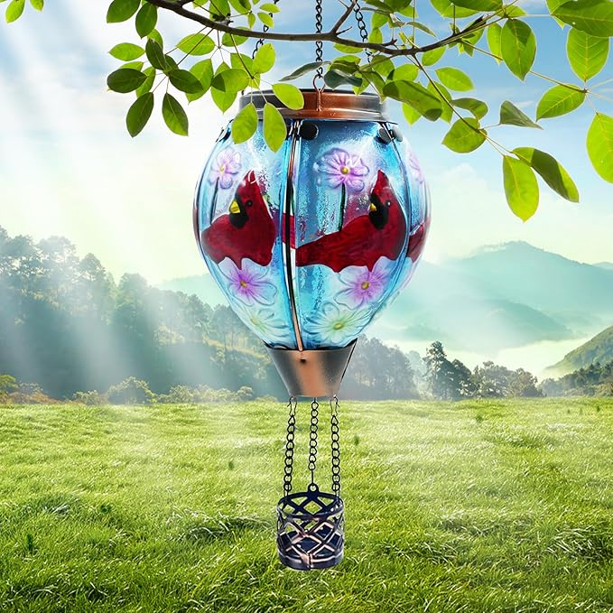 Glass Solar Hot Air Balloon Lantern with Flame Hanging Garden Flickering Light Outdoor Waterproof for Yard Patio Tree Mother's Day Gift, Cardinal