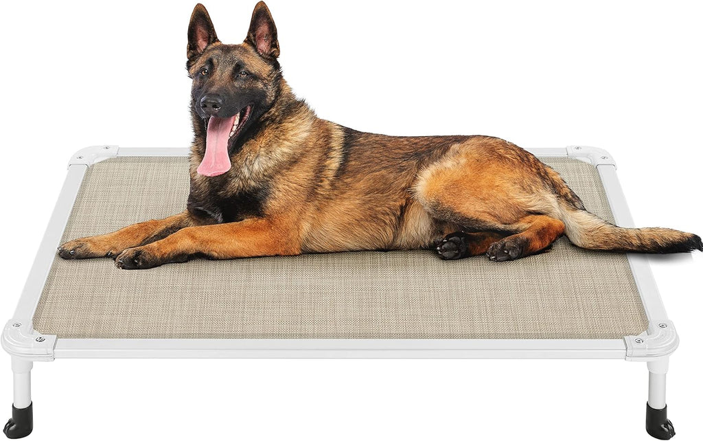 Veehoo Chew Proof Elevated Dog Bed - Cooling Raised Pet Cot - Silver Aluminum Frame and Durable Textilene Mesh Fabric, Unique Designed No-Slip Feet for Indoor or Outdoor Use, Beige Coffee, Large