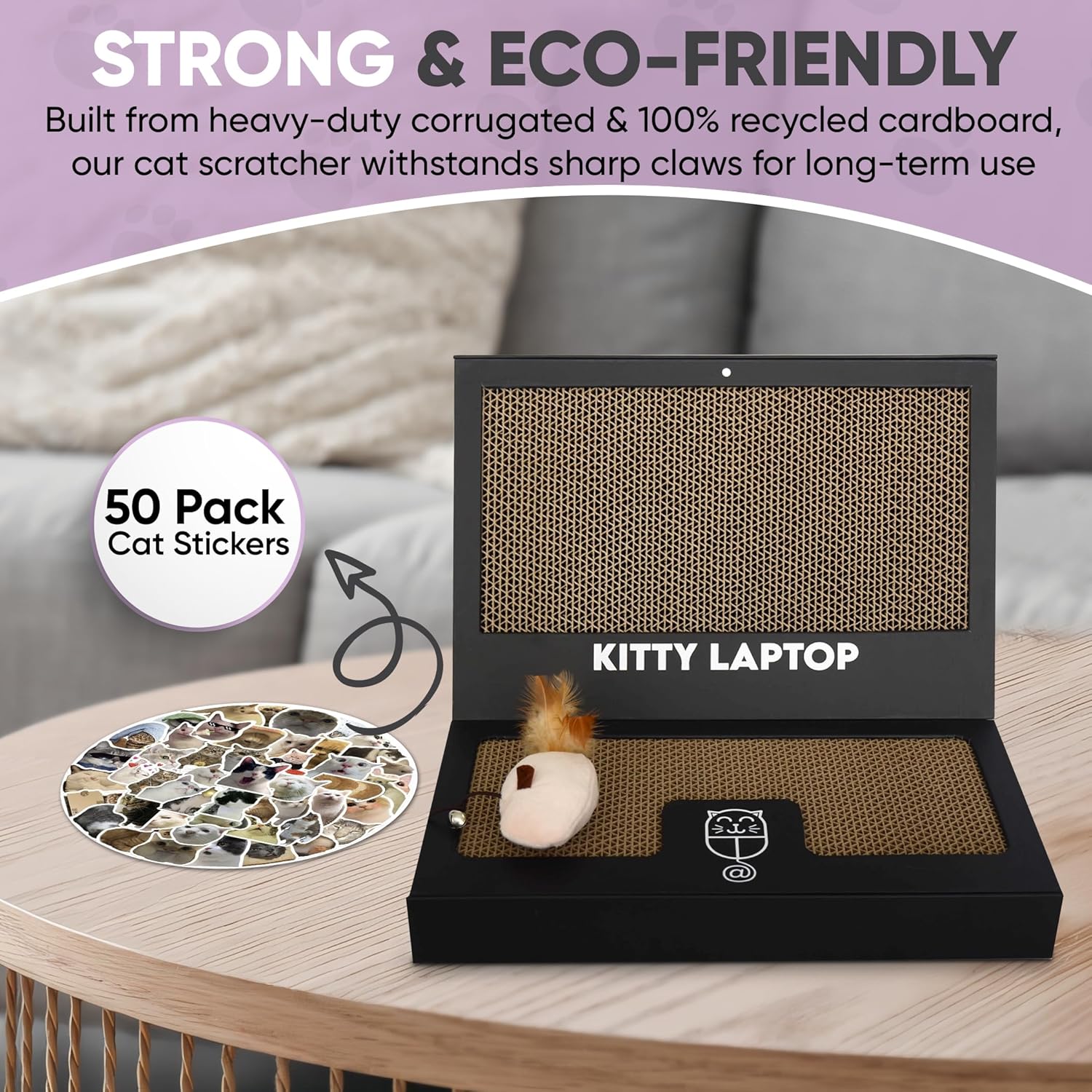 Toy Cat Laptop with 2 Scratchboards + Catnip Mouse Toy for Cats + 50pack Cat Sticker - Interactive Eco-Friendly Cat Computer with Scratch Pad Laptop for Cats - Mini Cat Laptop