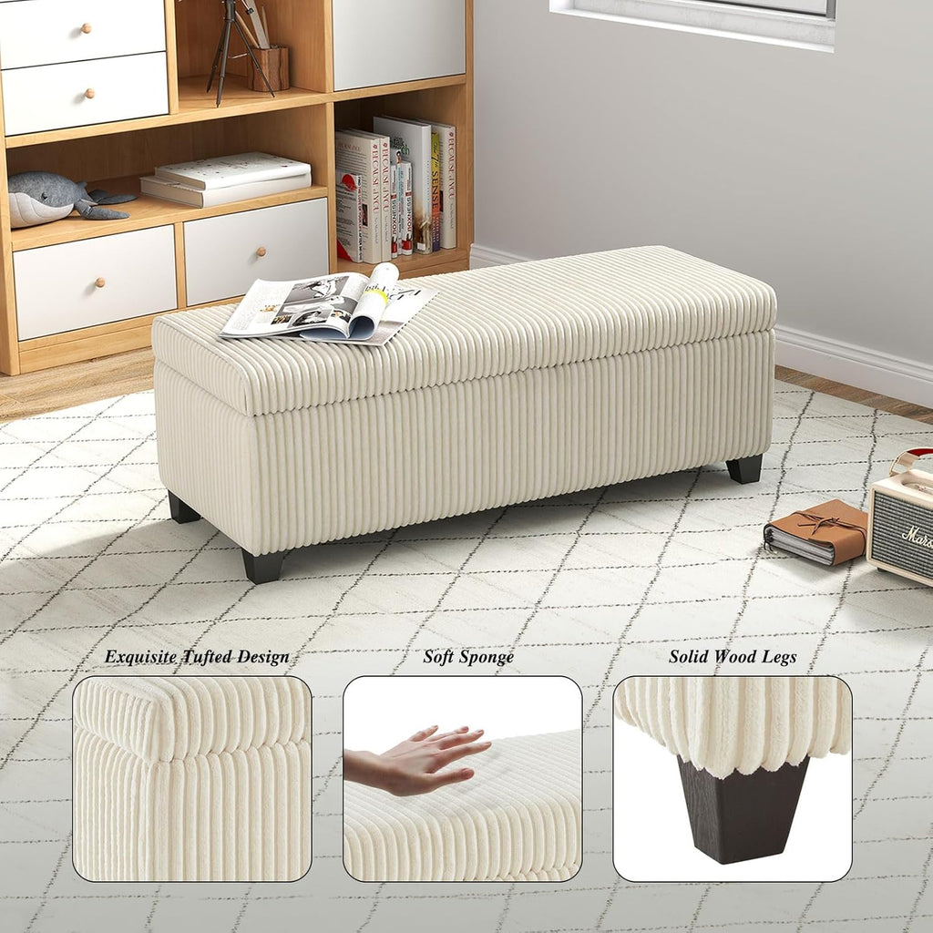 48" Ottoman with Storage, Corduroy Storage Ottoman Bench for Bedroom, End of Bed Bench with Safety Hinge for Living Room, Bedroom, Entryway, White