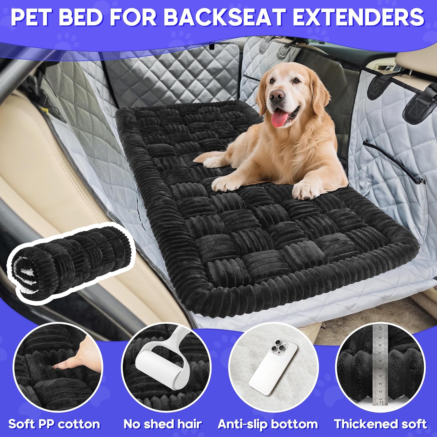 Dog Car Bed Mat, Non-Slip Backseat Extender Pet Blanket, Plaid Dog Bed for SUVs, Sedans & Trucks, Chew-Resistant Travel Pad for Dogs, Easy Clean & Scratch-Proof & Comfort (50"x24.6") Black