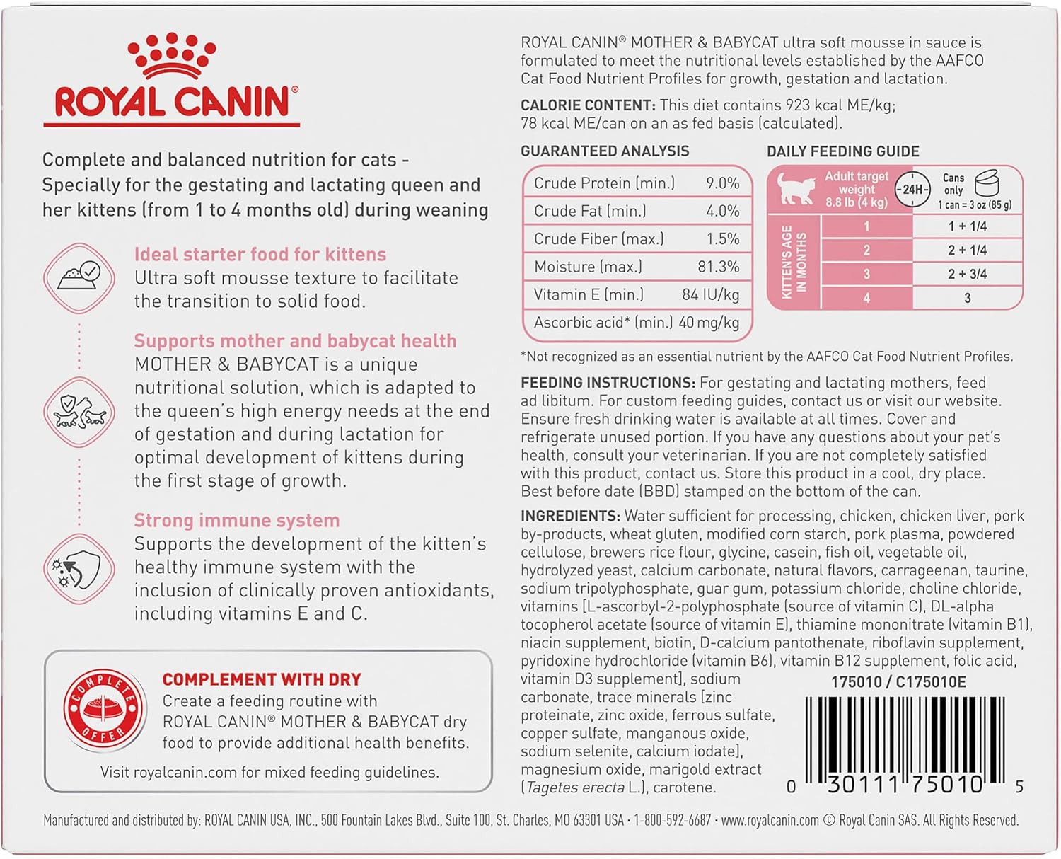 Royal Canin Feline Health Nutrition Mother & Babycat Ultra Soft Mousse in Sauce Wet Canned Cat Food, Supports Healthy Digestion and Brain Development, 3 oz, 6 Pack