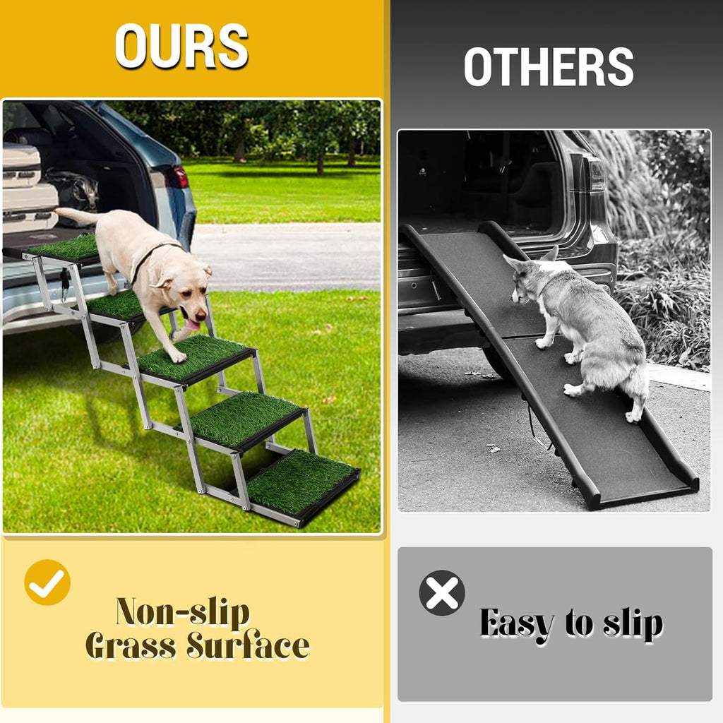 Dog Stairs for Car, Portable Folding Dog Ramps,Dog Steps for Large Dogs with Non-Slip Grass Rug for Cars, SUV, Trucks, Lightweight Pet Ramp Supports Up to 200 lb, 5 Steps