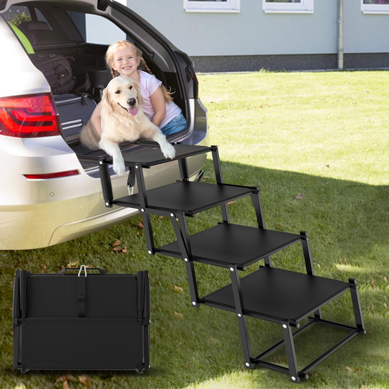Extra Wide Dog Stairs for Large Dogs, Foldable Dog Ramp for Car with Non-Slip Surface, Lightweight Dog Stairs for Cars, Dog Steps for Cars, SUV, High Beds, Truck, Supports up to 250 lbs, 4 Steps