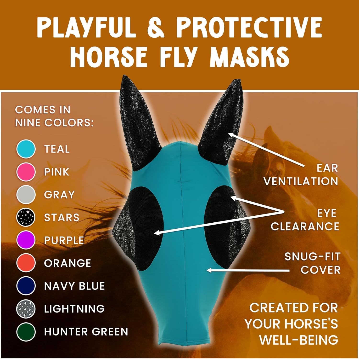 Horse Fly Mask - Durable Equine Fly Mask with Full Coverage for Eye & Ear - Stretchable, UV & Sun Protection Flymask for Horses, Ponies & Mini Horses - Horse Face Cover for Pasture & Trail - Stars