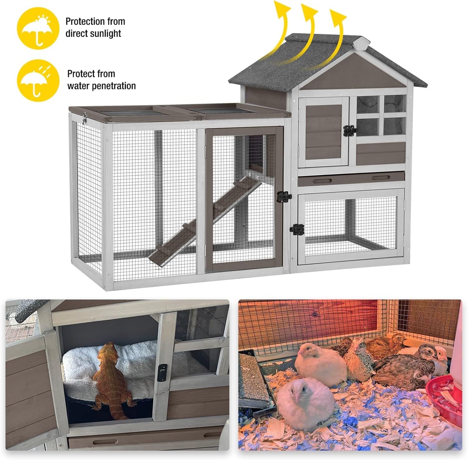 Aivituvin Large Rabbit Hutch Indoor Bunny Cage Outdoor with Run Chicken Coop Guinea Pig House with Waterproof Asphalt Roof,No Leakage Pull Out Tray (103.2" L x 25.2" W x 36.2" H,Brown-2 Sets)