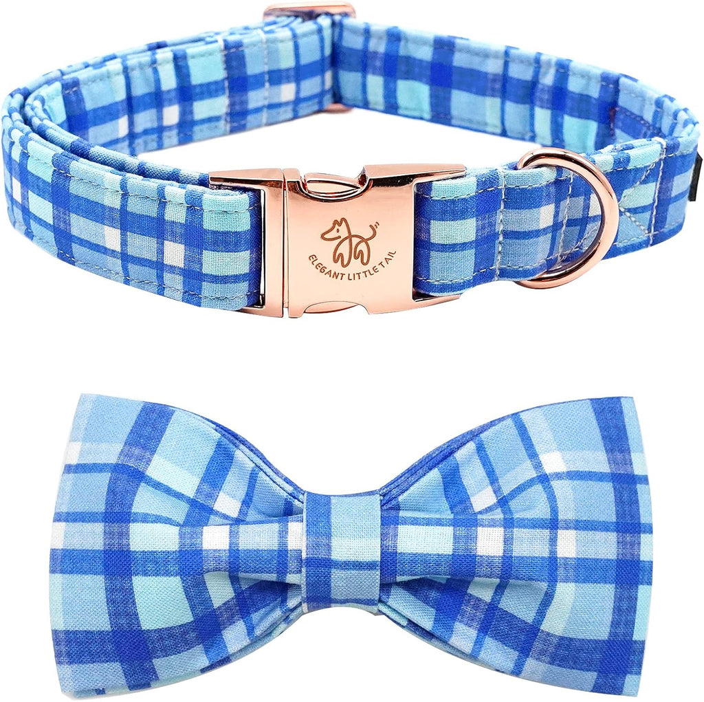 Elegant little tail Dog Collar with Bow - Blue Plaid Boy Dog Collar Cute Bowtie Pet Collar Adjustable Dog Collar for X-Large Dog