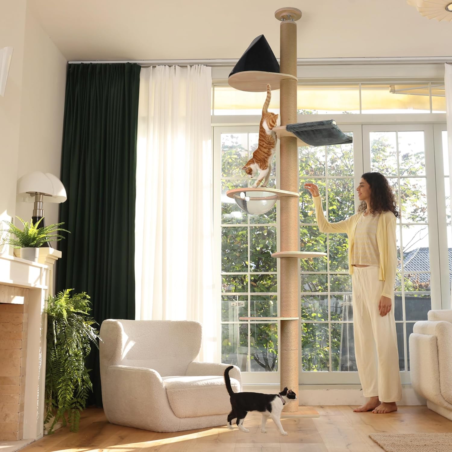 FUKUMARU Floor to Ceiling Cat Tree, 6 Level Adjustable Height (5.7-9.8 ft) Climbing Tower with Thickened Scratching Posts, Cats Activity Center with Transparent Capsule and Cozy Hammock