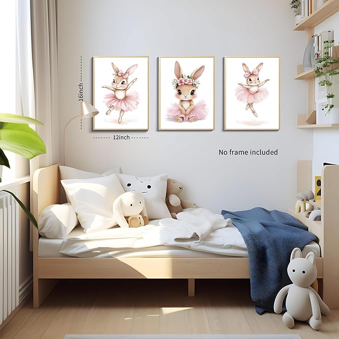 Kusag Baby Girl Nursery Posters Wall Decor, Easter Nursery Canvas Wall Art Paintings Set of 3, Cute Animal Pink Bunny Prints Pictures for Boys and Girls Room, Bedroom, Home Decor 12x16 In Unframed