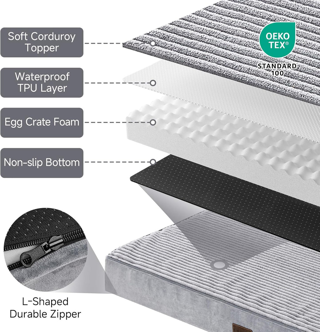 OhGeni Orthopedic Waterproof & Machine Washable Dog Bed for Extra Large Pets, Suitable for Crates, Cat Mat with 25D Egg Crate Foam, Non-Slip Bottom & Removable Cover, Invisible Zipper, 47 Inches(Gray)
