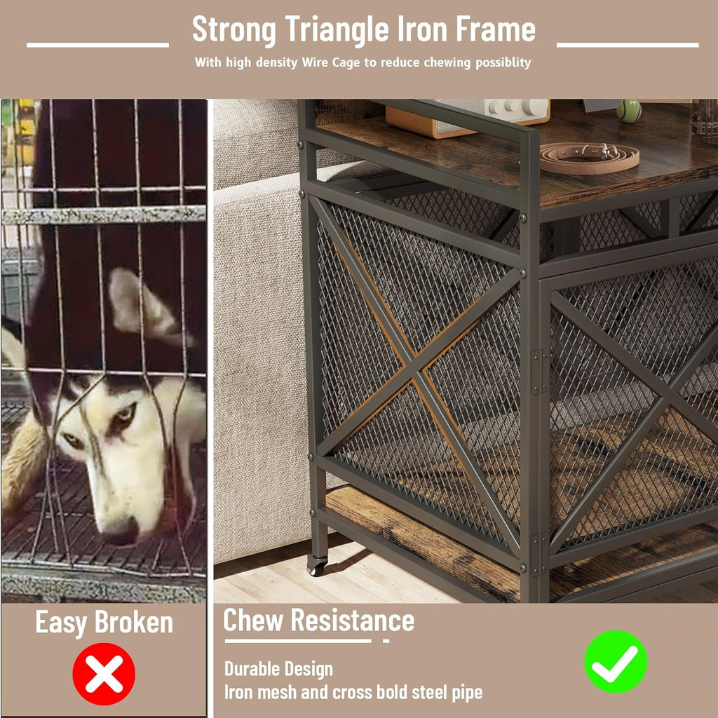 COZPAW Large Dog Crate Furniture, 48 Inch Wooden Dog Kennel for XLarge Dogs, Heavy Duty Dogs Furniture Indoor Wire Dog Cage with Caster Wheels, Decorative Pet House End Table, Brown