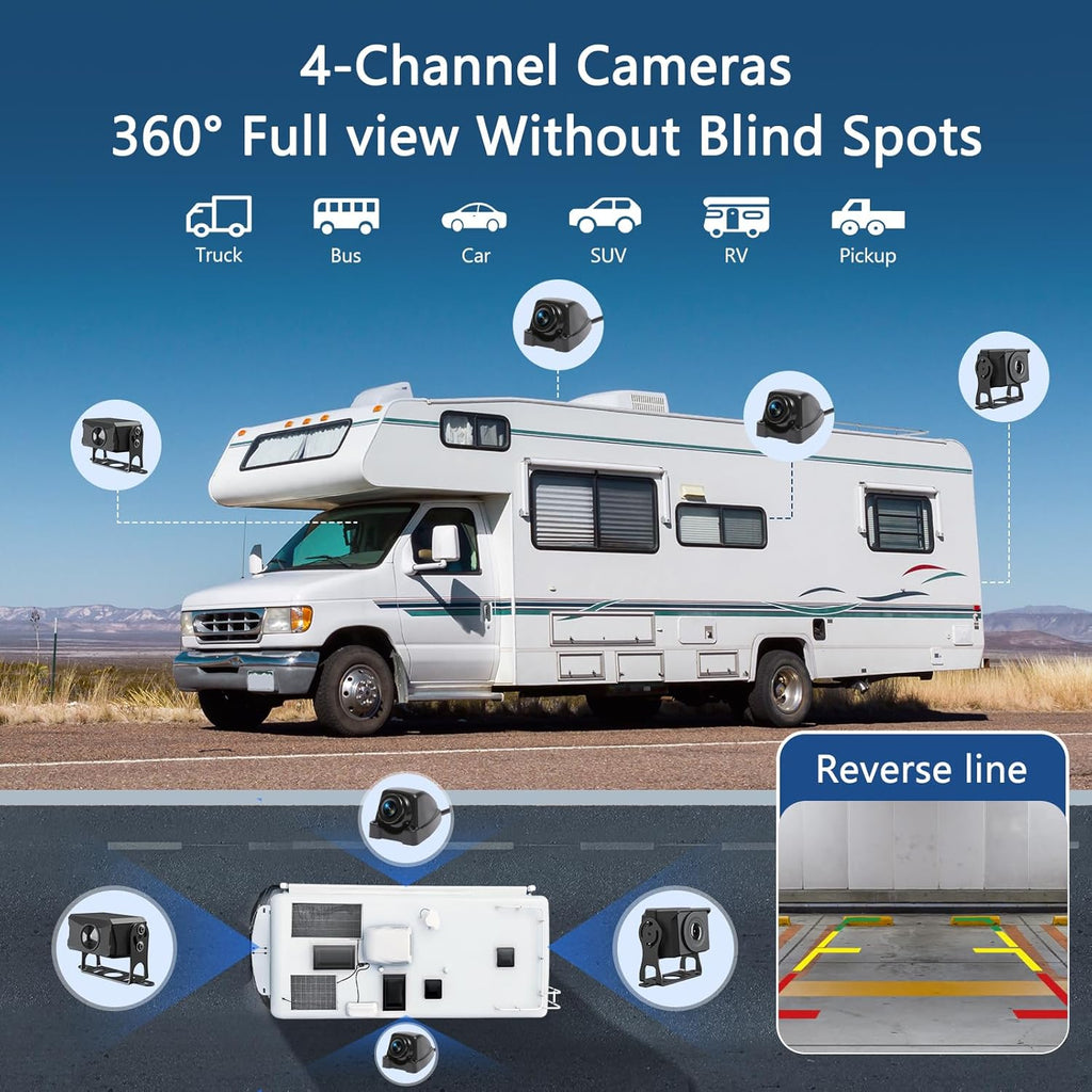 4 Channel Backup Camera System,Touchable 10.26 inch Monitor with DVR Stereo, 64GB Card, IP69 Waterproof, Nightvision 1080P Backup Camera for RV/Truck/Trailer Pickup,Rear Side Front Wired System