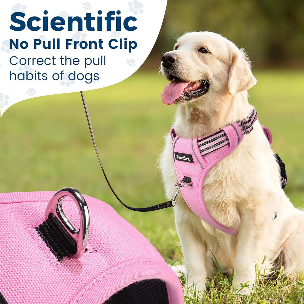 Funfox Dog Harness No Pull, Adjustable Pet Vest Harness, Super Soft Material with Vertical Handle Easy Control, Reflective Night Walking, 2 Leash Clips for Large Dogs, Pink, L