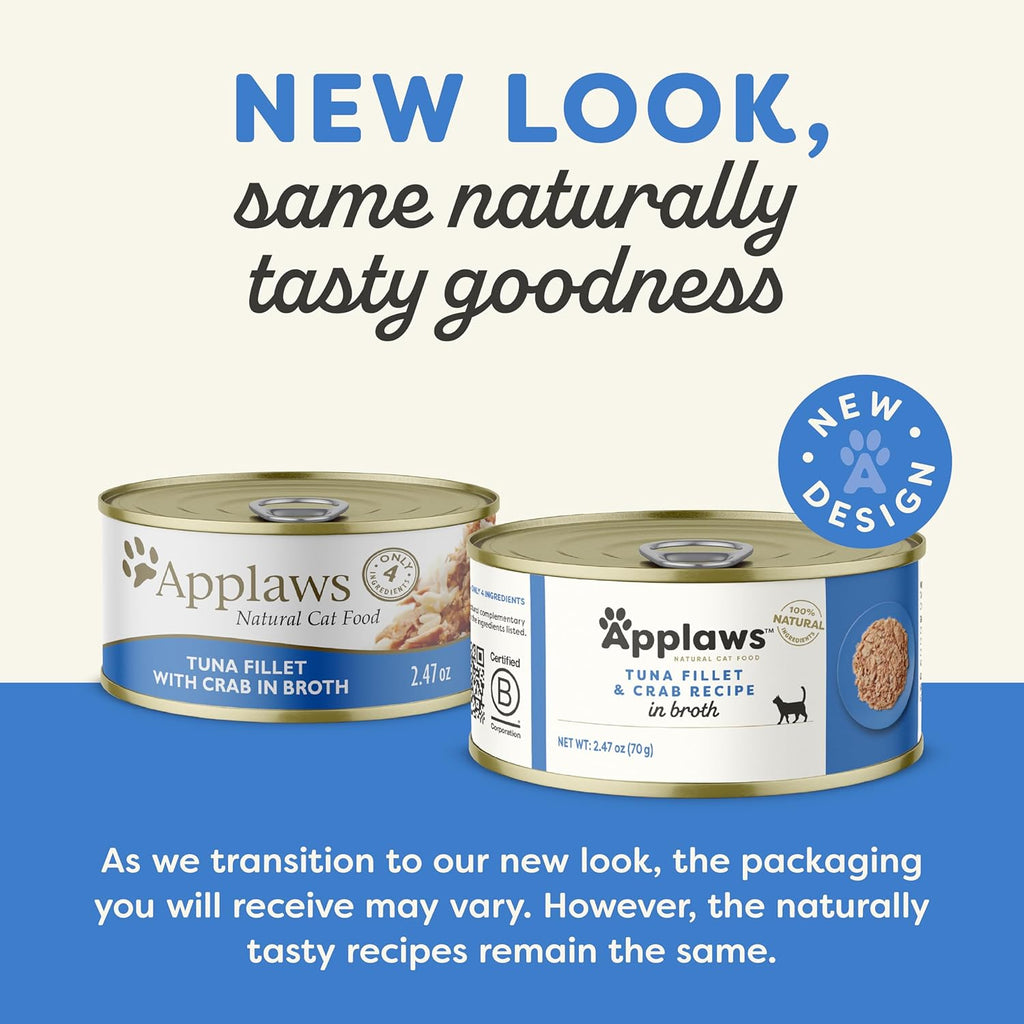 Applaws Natural Wet Cat Food in Broth, Limited Ingredient Canned Wet Cat Food, No Additives, Made with Natural Ingredients, Tuna Fillet & Crab in Broth (24 x 2.47oz Cans)