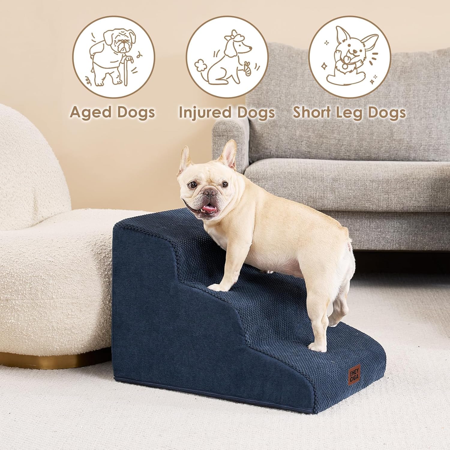EHEYCIGA Curved Dog Stairs Ramp for Small Dogs 15.7" H, 3-Step Dog Steps for Couch Sofa and Chair, Pet Stairs for Cats, Non-Slip Balanced Pet Steps Indoor, Navy