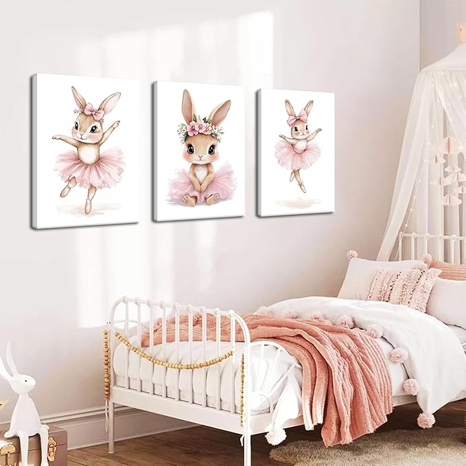 Baby Girl Nursery Wall Decor, Easter Nursery Canvas Wall Art Paintings Set of 3, Cute Animal Pink Bunny Posters Prints Pictures for Boys and Girls Room, Bedroom, Home Decor 16x24 In Framed