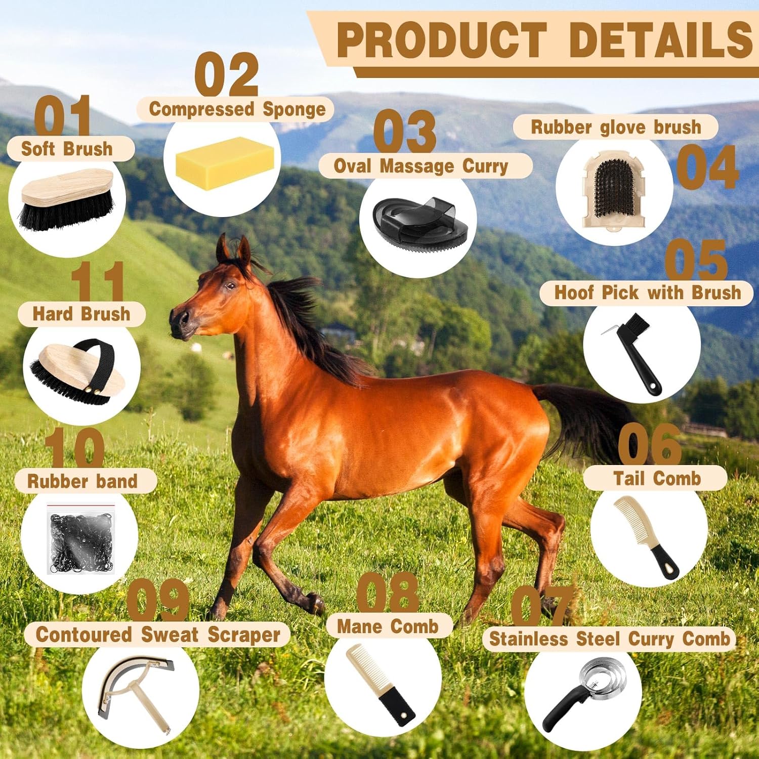 Abbylike 12 Pieces Horse Grooming Kit Racing Festival Tack Room Supplies Horse Brush Sets Equine Care Cleaning Kit Shedding Grooming Massaging Tools(Black)