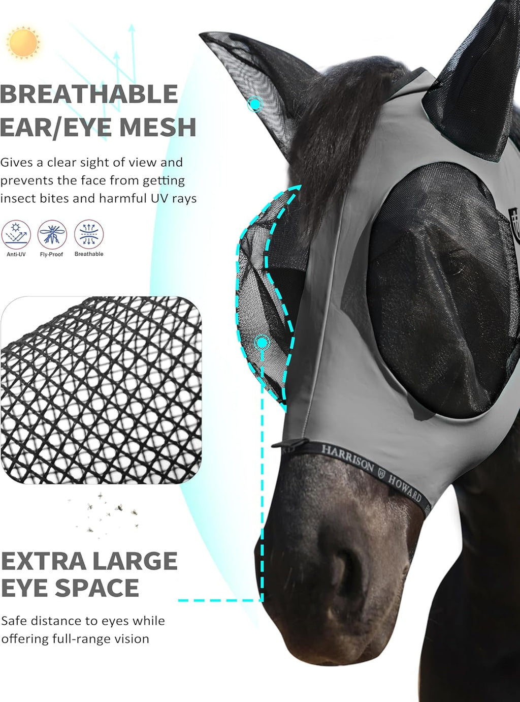 Harrison Howard Horse Fly Mask with Forelock Opening Stretch Breathable and Comfortable for Horses UV -Protection Grey M