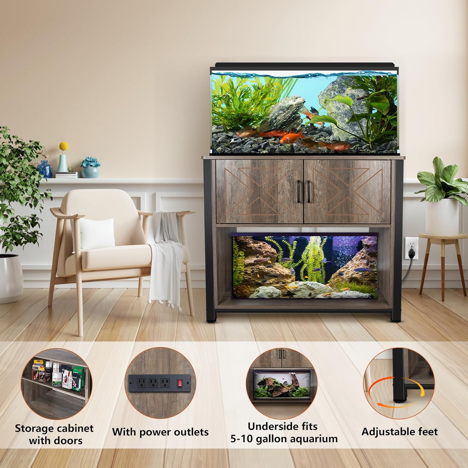 40 Gallon Aquarium Stand with Cabinet & Power Outlets, Heavy Duty Metal Stand for 40-50 Gallon Breeder & Turtle Tanks, Double Terrarium Stand, 660LBS Capacity, Grey