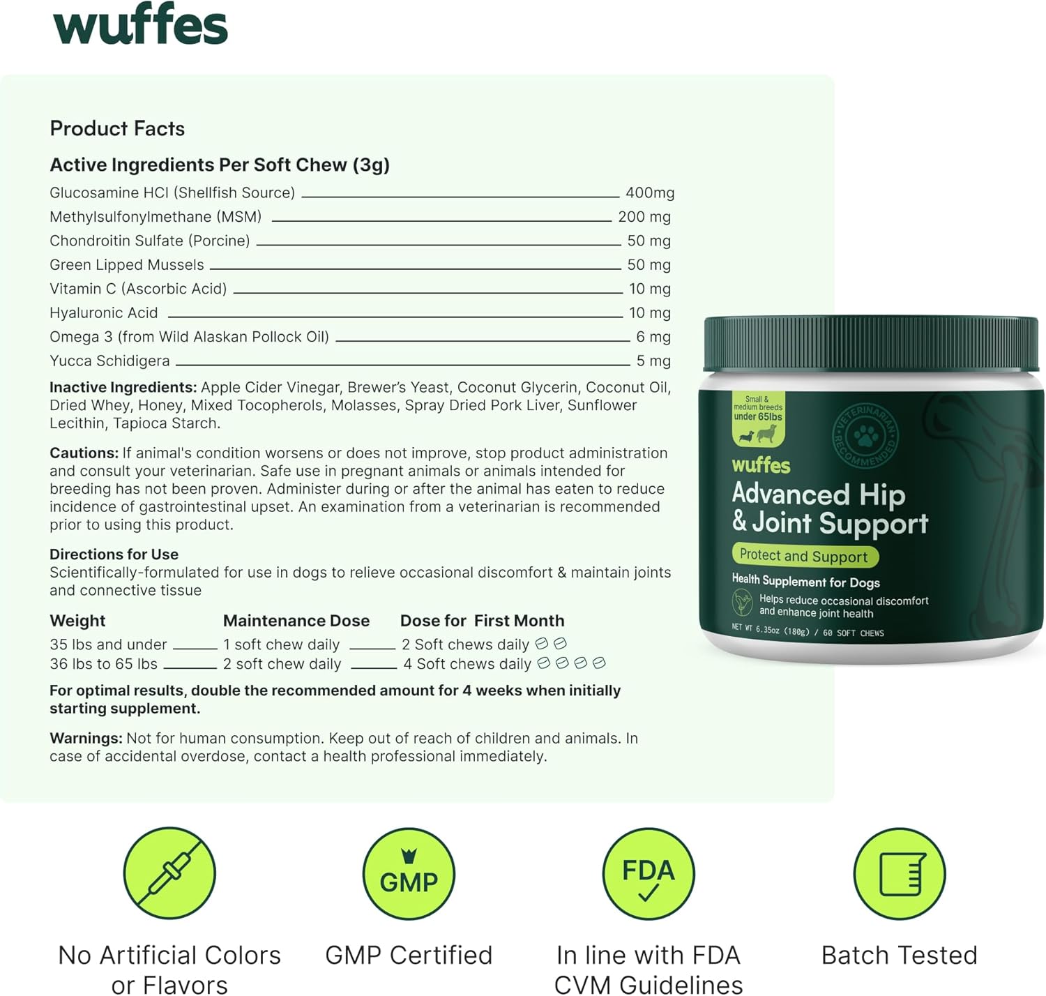 Wuffes Advanced Dog Hip and Joint Supplement with Glucosamine, Chondroitin, Omega 3, MSM, and Green Lipped Mussel, 120 Pork Flavored Chews for Small Dog Breeds