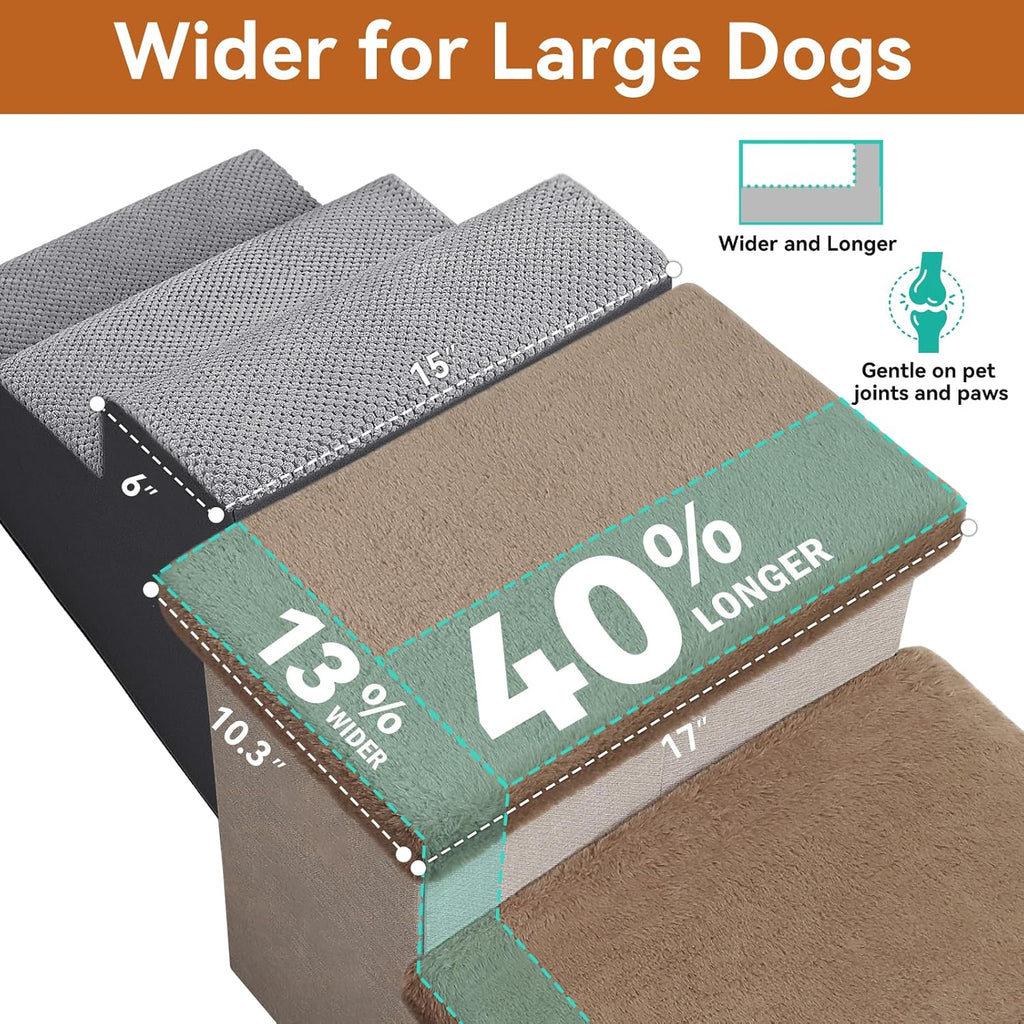 Dog Stairs with Furry Lids 18" H, 3-Step Wider Dog Steps with Storage for Small/Medium/Large Old Dogs Cats, Folding Sturdy Pet Stairs Climbing Bed Couch, Ramp for Car Up to 200 lbs, Khaki