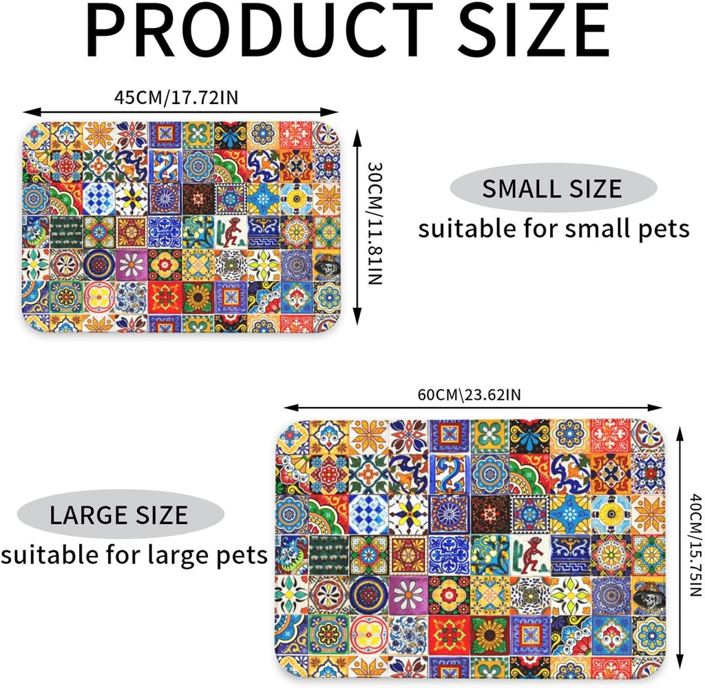 Bohemian Chic Floral Dog Food Mat Absorbent Bowl Mats No Stains Quick Dry Waterproof Pet Cat Placemats for Food and Water, 30x45cm