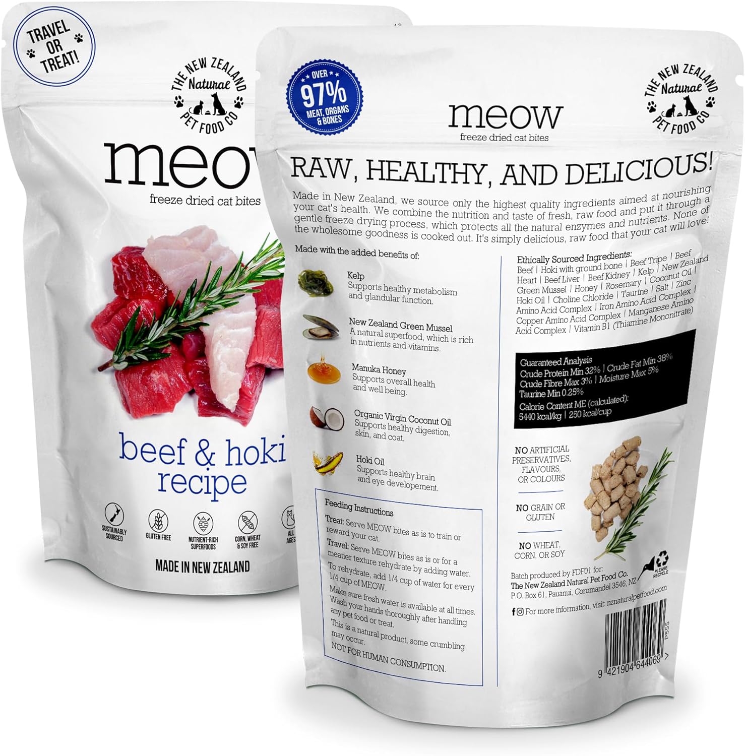 Meow Freeze Dried Cat Food - Beef & Hoki Recipe, High Protein Cat Treats, Meals & Toppers, Dry Cat Food,1.76 oz