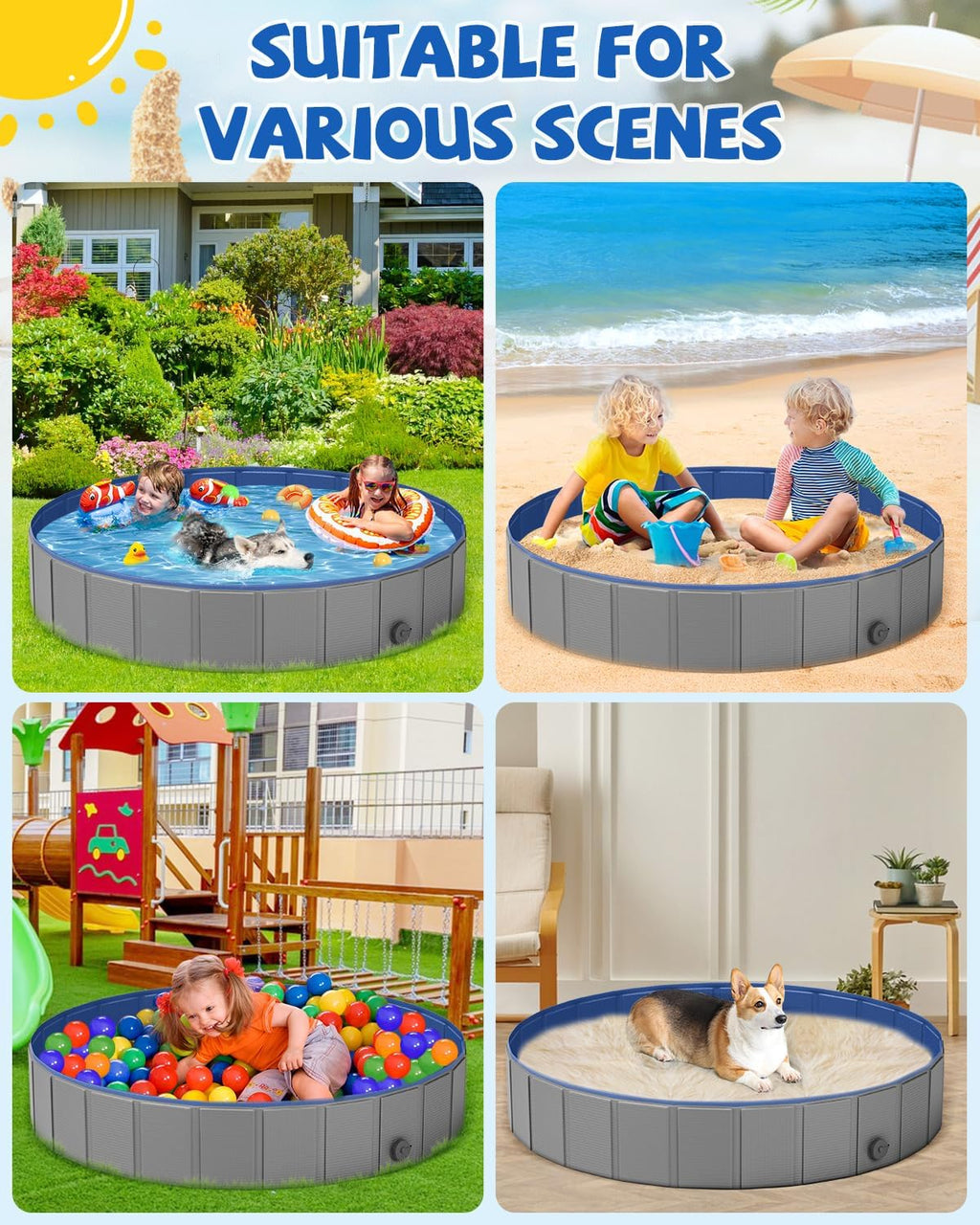 YSJILIDE Portable Dog Pool PVC Pet Swimming Bathtub Collapsible Hard Plastic Pool for Pets to Swim and Bath (L-48"x 12" Dark Grey)