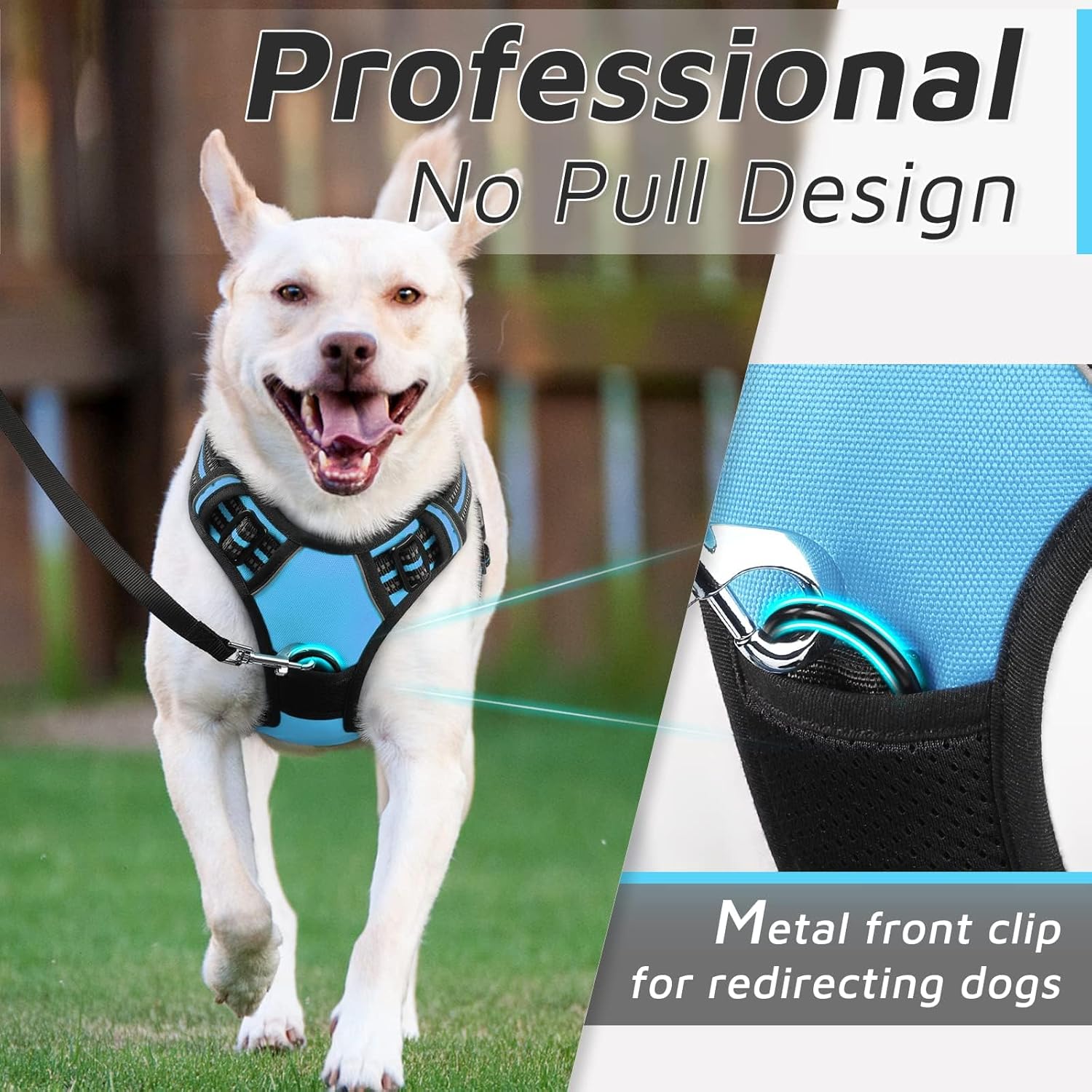 Eagloo Dog Harness Medium Sized Dog, No Pull Service Vest with Reflective Strips and Control Handle, Adjustable and Comfortable for Easy Walking, No Choke Pet Harness with 2 Metal Rings, Sky Blue, M
