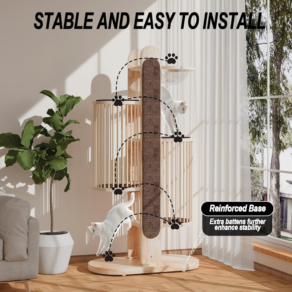 Modern Cat Tree Tower for Indoor Cats, 67" Tall Solid Wooden Cat Tower with Scratching Posts, 6 Level Natural Luxury Cat House with Big Bed, Washable Cushions Cat Furniture for Large Cats Brown