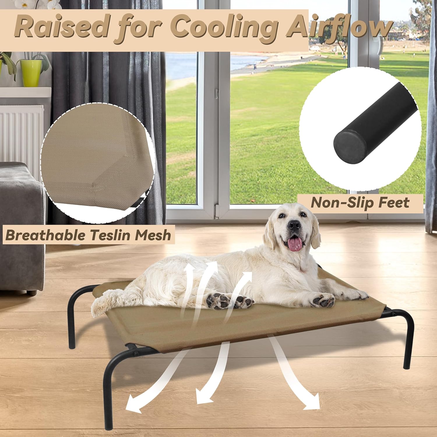 PHYEX Elevated Dog Bed for Large Dogs, Raised Dog Bed with Breathable Mesh, Non Slip, Easy to Clean, 50.5 Inches, Brown