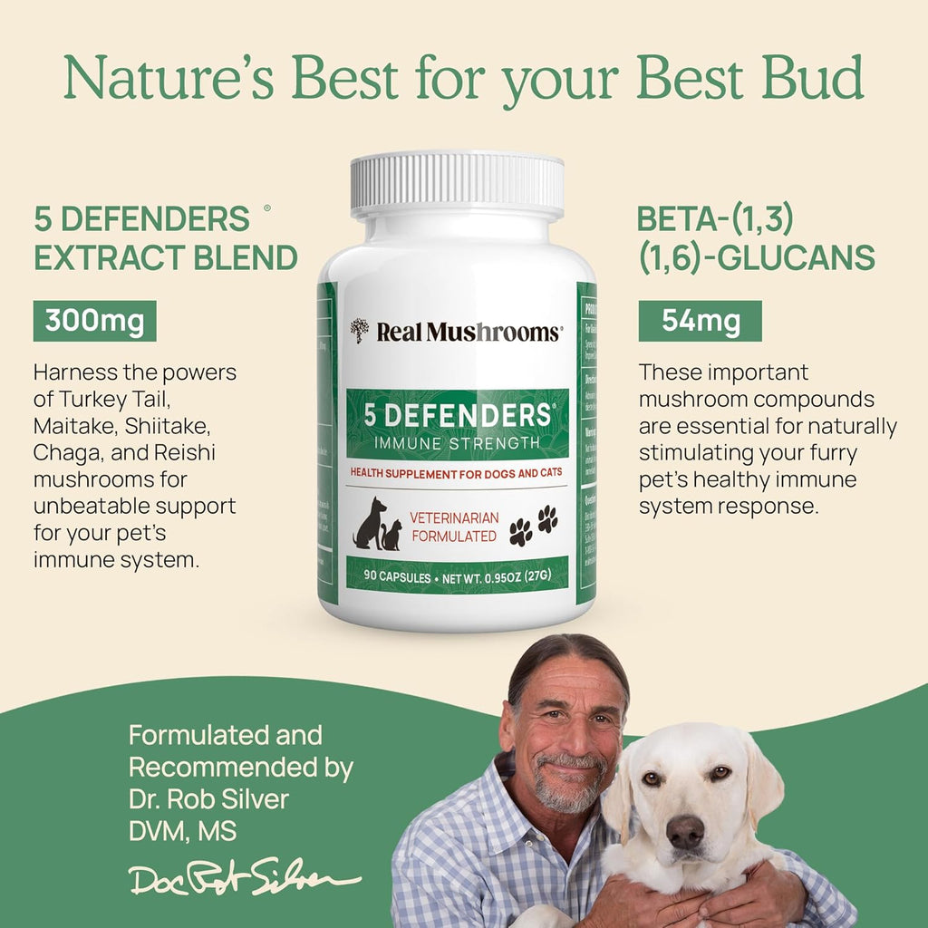 5 Defenders Mushroom Supplement for Cats & Dogs – Chaga, Shiitake, Reishi, Turkey Tail, Maitake – Cat Multivitamin & Dog Supplement for Wellness Support– 90 ct Real Mushrooms Powder Capsules
