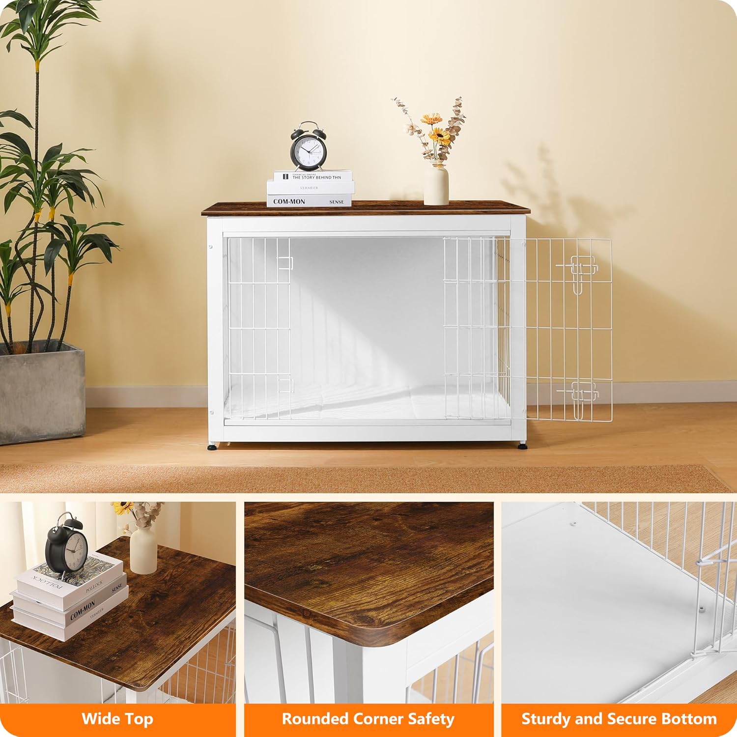 DWANTON Dog Crate Furniture with Cushion, Wooden Kennel Table with Double Doors, Indoor Dog House, Large Size, 38.5" L, White+Rustic Brown