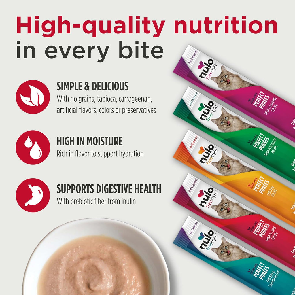 Nulo Freestyle Grain-Free Perfect Purees Premium Wet Cat Treats, Squeezable Meal Topper for Felines, High Moisture Content to Support Cat Hydration, 48 x 0.5 Oz, Chicken