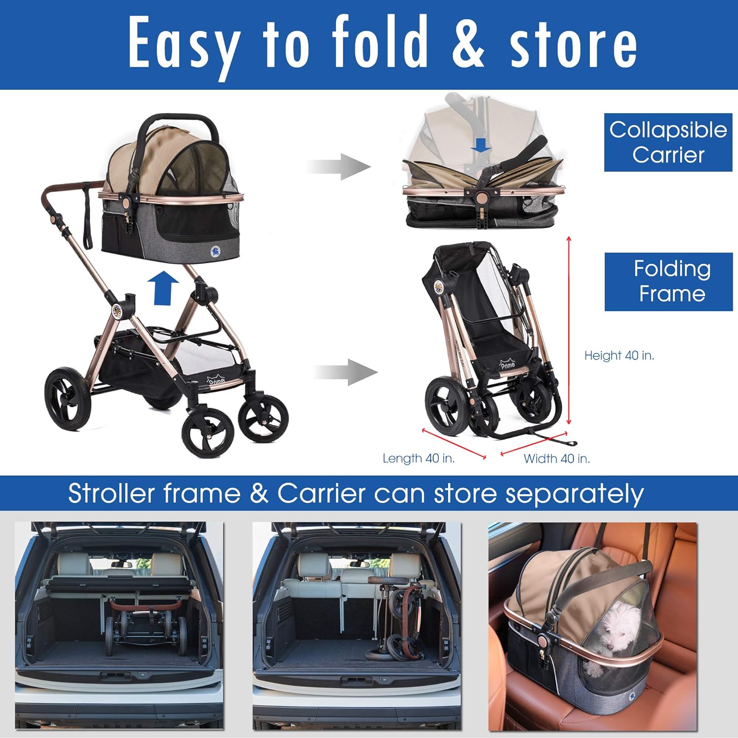 HPZ Pet Rover Prime 3-in-1 Luxury Dog/Cat Stroller (Travel Carrier +Car Seat +Stroller) with Detach Carrier/Pump-Free Rubber Tires/Aluminum Frame/Reversible Handle for Medium & Small Pets (Taupe)