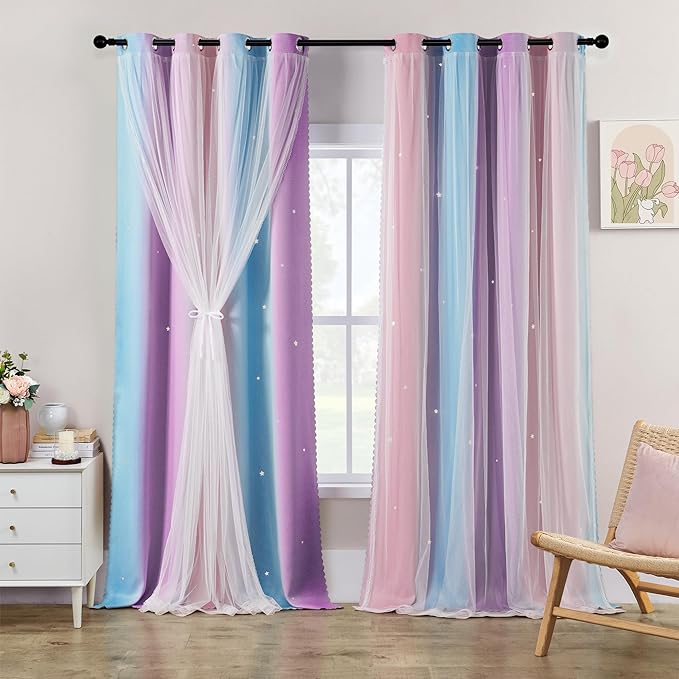 XiDi Curtains for Girls Bedroom Decor 108 Inches Long Colorful Rainbow Blackout Curtains for Kids Princess Nursery Room Unicorn Wall Decor Ombre Grommet Drapes Pink Purple W34 X L108 2 Panels
