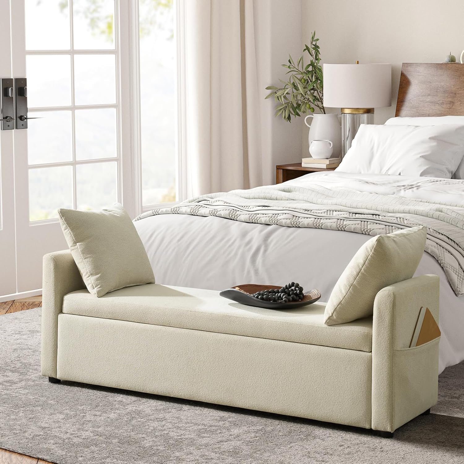 HULALA HOME Modern Storage Ottoman Bench with Throw Pillows, 59" Extra Long End of Bed Bench with Storage Pocket, Comfy Upholstered Footstool for Bedroom Entryway Living Room, Ivory